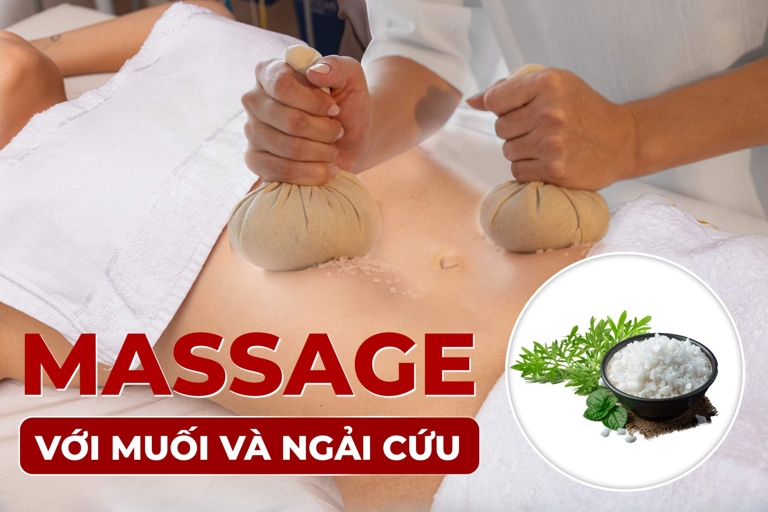 Minh họa massage bụng với muối ngải cứu