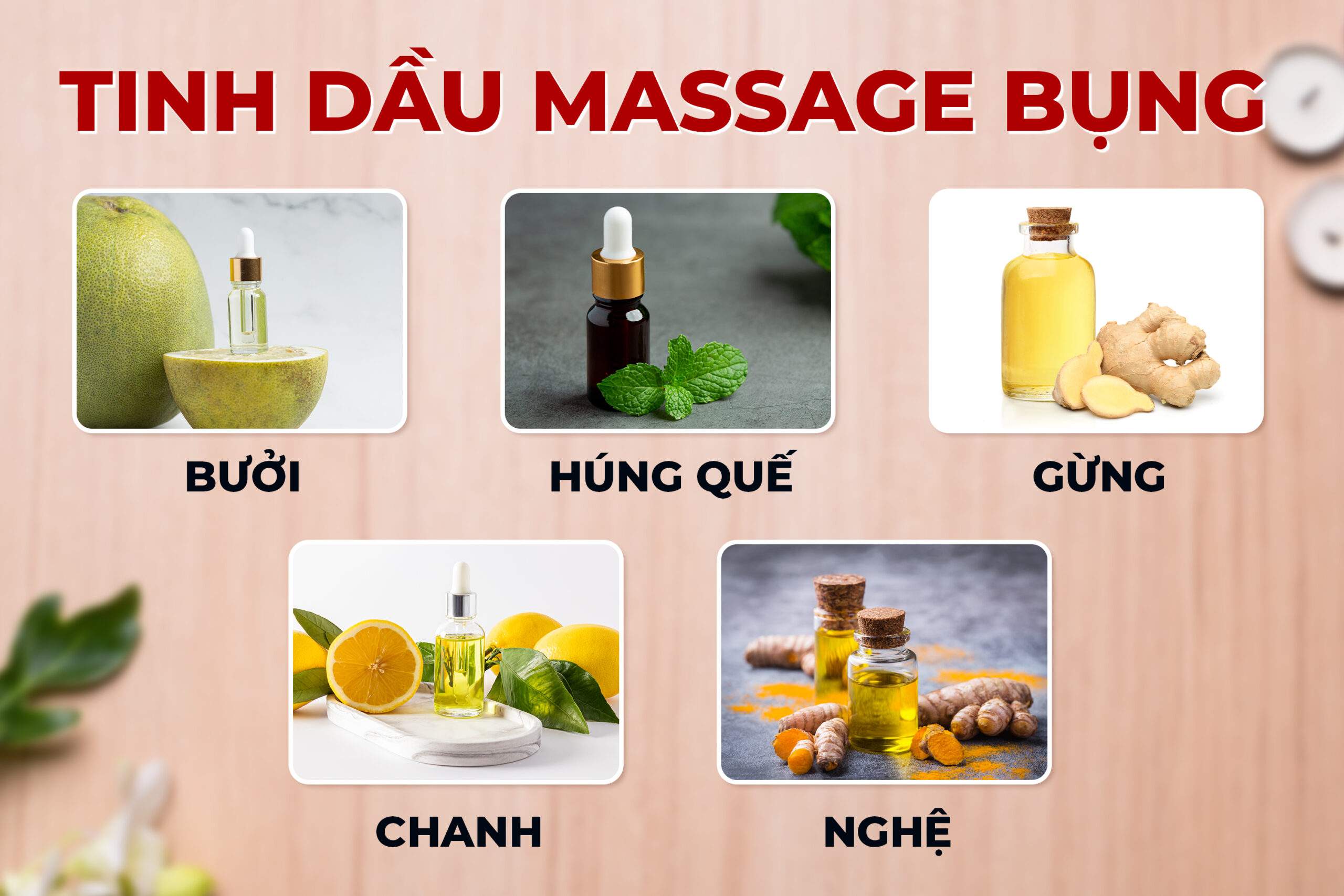 Minh họa các tinh dầu trong massage bụng
