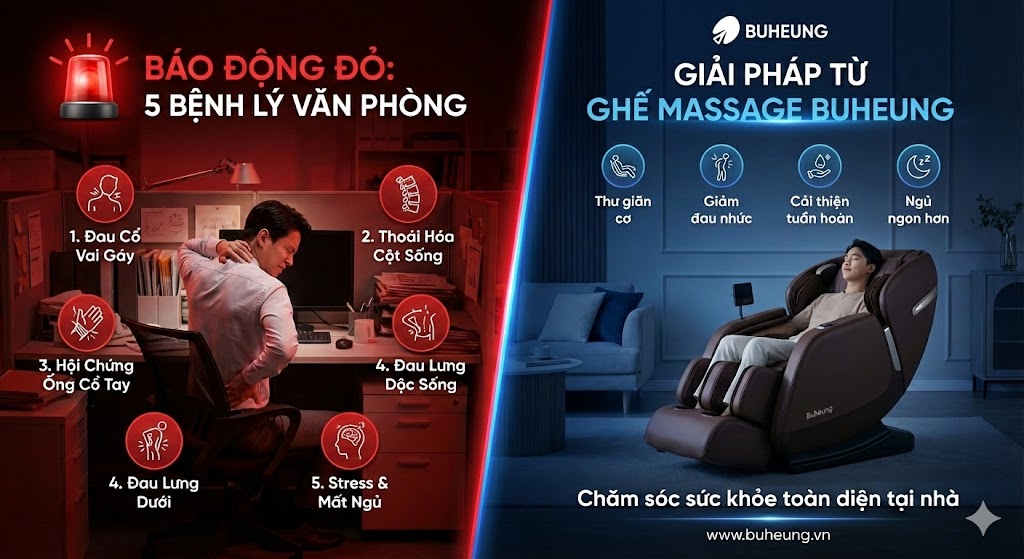 Báo Động Đỏ: 5 Bệnh Lý Văn Phòng "Tàn Phá" Cơ Thể & Giải Pháp Từ Ghế Massage Buheung 1 Báo Động Đỏ: 5 Bệnh Lý Văn Phòng "Tàn Phá" Cơ Thể & Giải Pháp Từ Ghế Massage Buheung 1