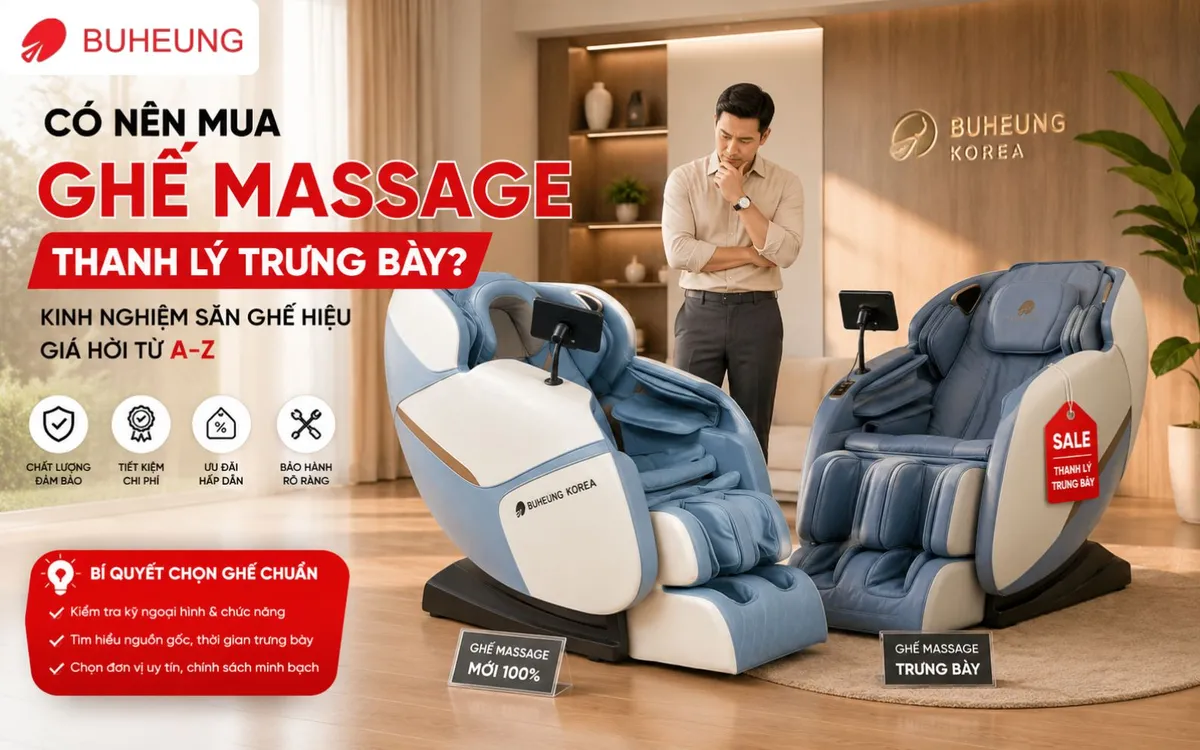 Người phụ nữ đang băn khoăn lựa chọn giữa ghế massage mới nguyên và ghế massage thanh lý có tem giảm giá trong showroom.