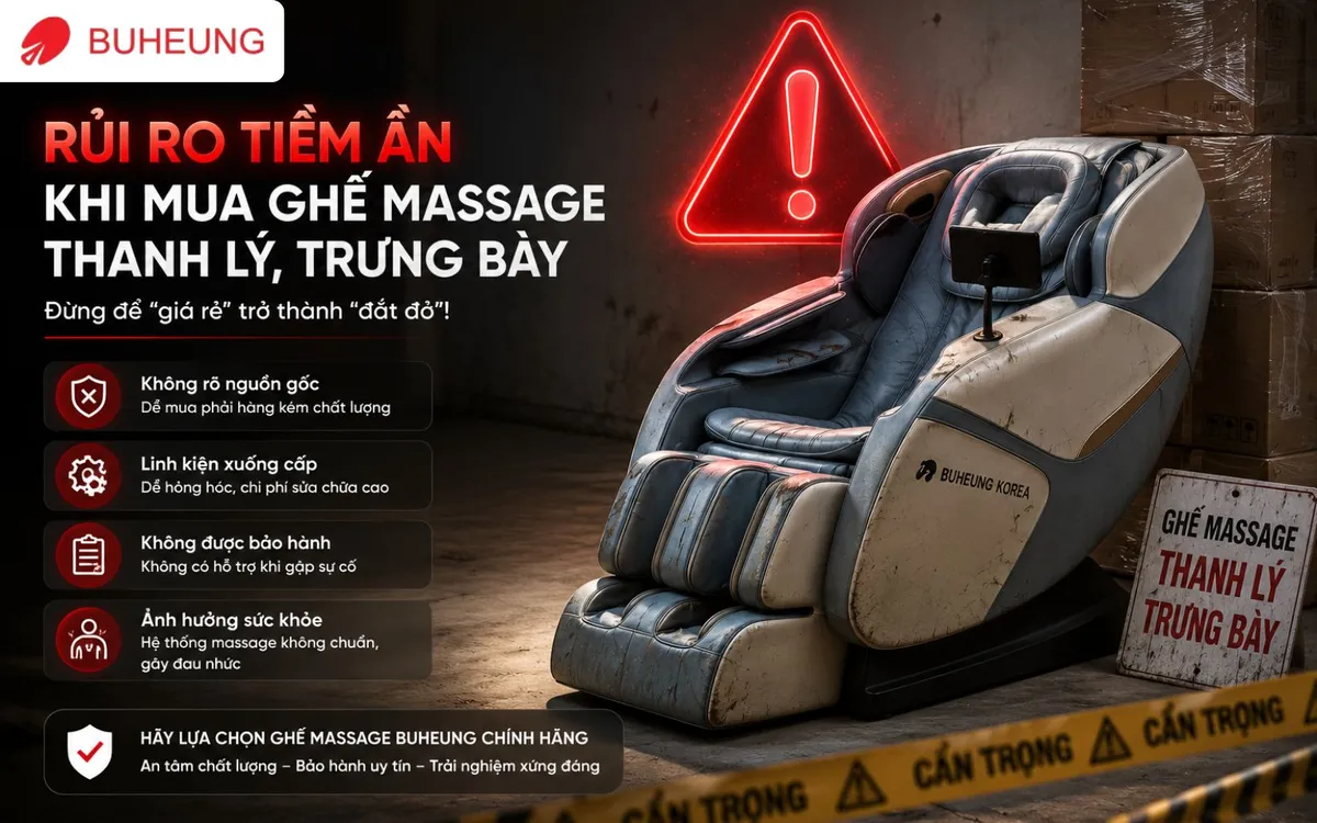 Hai chiếc ghế massage đặt cạnh nhau, một chiếc có nhãn 'Thanh lý' (CLEARANCE), một chiếc có nhãn 'Trưng bày' (DISPLAY MODEL).