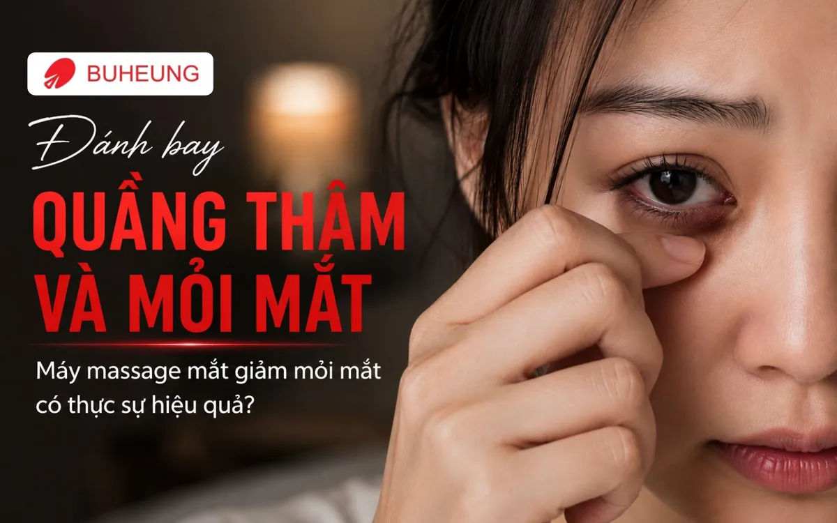 Hình ảnh cận cảnh đôi mắt mệt mỏi với quầng thâm và dấu hiệu dụi mắt, thể hiện sự căng thẳng và thiếu sức sống của thị giác.