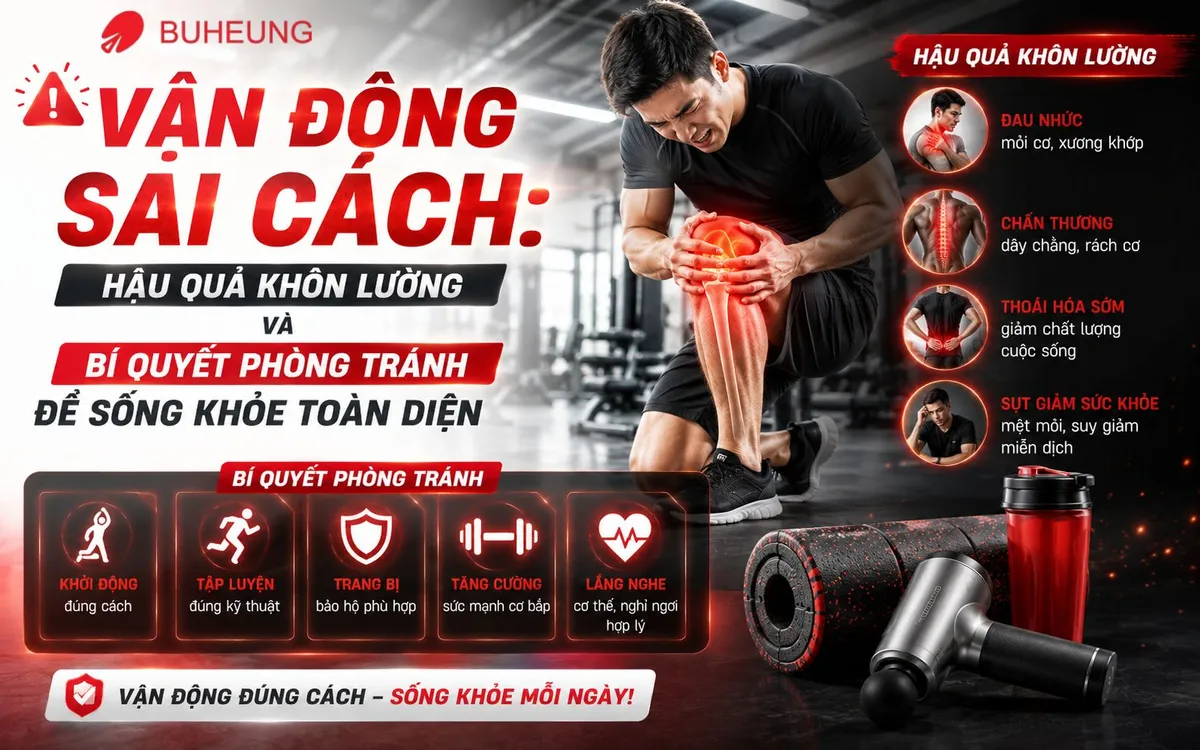 Ảnh minh họa một người đang tập thể dục trên thảm yoga với tư thế sai, kèm biểu tượng dấu hỏi lớn và dòng chữ 'WRONG FORM?' cảnh báo về kỹ thuật không đúng, nhấn mạnh tầm quan trọng của vận động đúng cách.