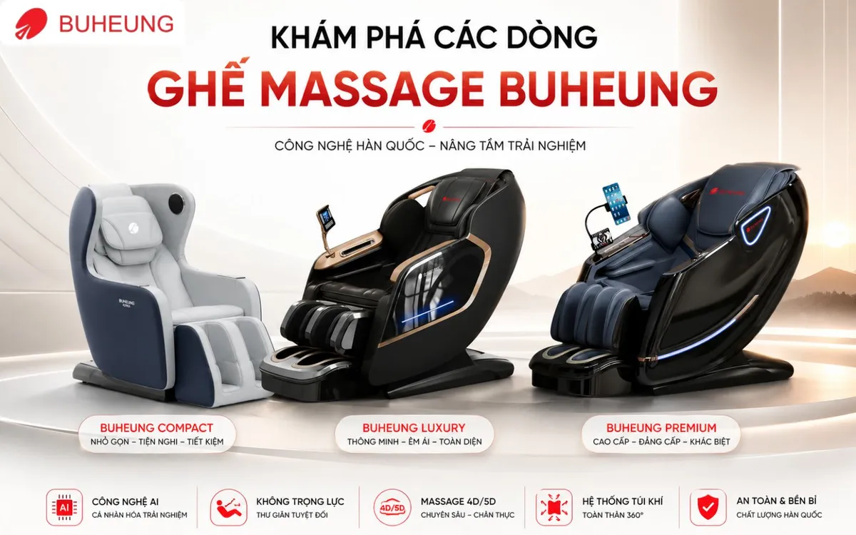 Tổng hợp các mẫu ghế massage Buheung từ phân khúc phổ thông đến cao cấp, thể hiện sự đa dạng về thiết kế và tính năng. Từ khóa: ghế massage Buheung đa dạng, mẫu ghế cao cấp, ghế massage tầm trung.