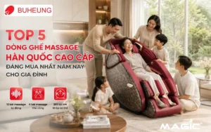 Gia đình Việt nhiều thế hệ quây quần thư giãn trên ghế massage Hàn Quốc cao cấp trong phòng khách sang trọng, thể hiện sự ấm cúng và hạnh phúc.