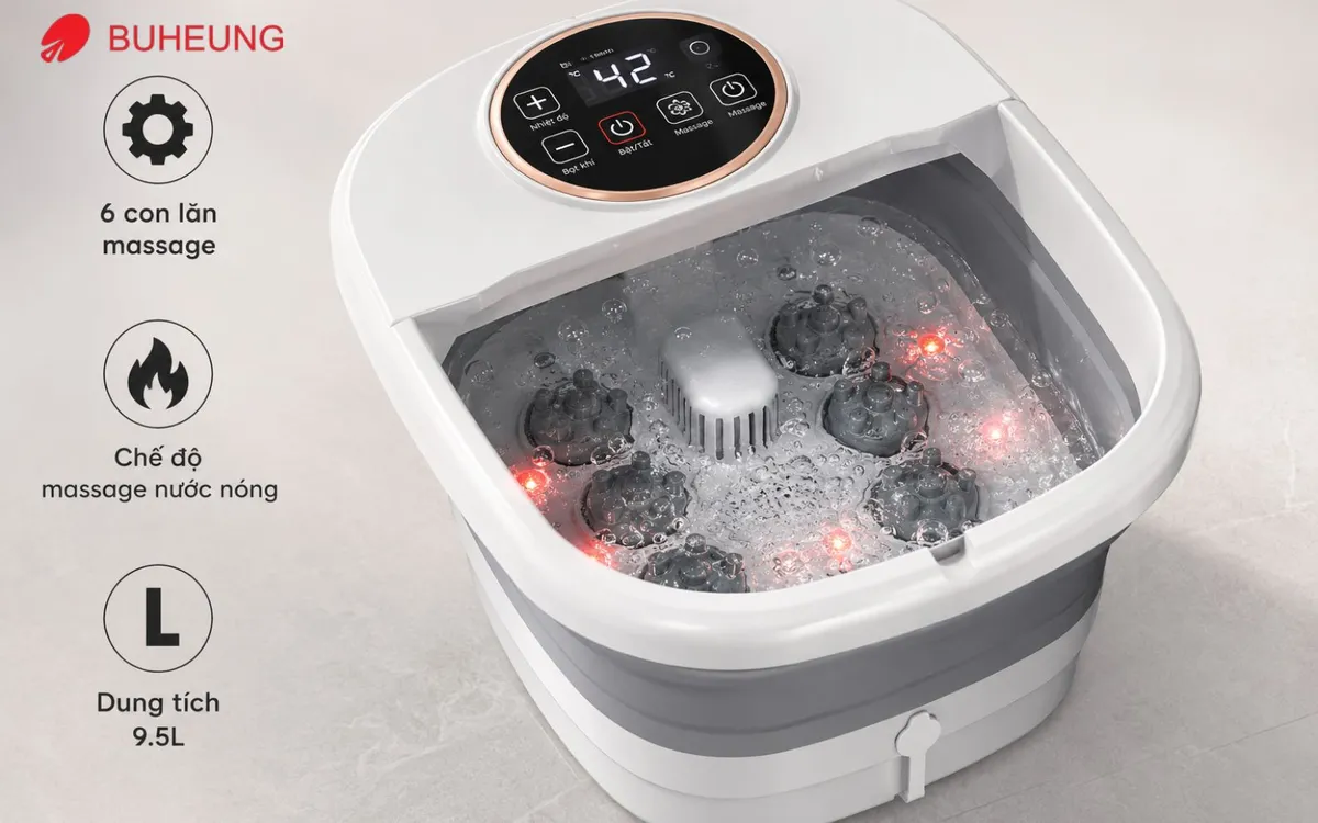 Ảnh minh họa bồn ngâm chân massage với các tính năng sủi bọt khí và đèn hồng ngoại đang hoạt động, nổi bật công nghệ chăm sóc chân.