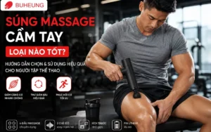 Vận động viên nam đang sử dụng súng massage cầm tay trên cơ đùi sau buổi tập gym, minh họa việc phục hồi cơ bắp hiệu quả để giảm căng cơ và tối ưu hóa hiệu suất luyện tập.