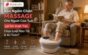 Hình ảnh người cao tuổi thư giãn đôi chân trong bồn ngâm chân massage tại nhà, không gian ấm cúng, biểu tượng cho sức khỏe và sự chăm sóc.