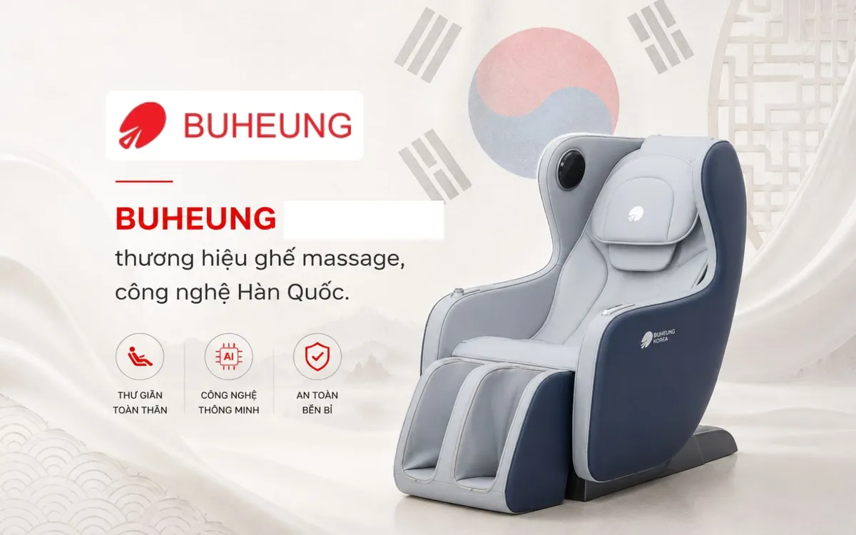 Logo thương hiệu Buheung với các chi tiết nhận diện Hàn Quốc, nhấn mạnh nguồn gốc và sự đổi mới từ Hàn Quốc. Từ khóa: Buheung Korea, logo ghế massage, công nghệ Hàn Quốc.