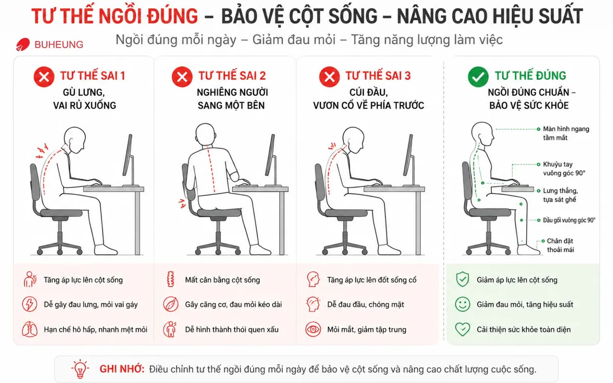 Chuỗi hình ảnh minh họa so sánh tư thế ngồi làm việc đúng chuẩn và các tư thế ngồi sai phổ biến của dân văn phòng như gù lưng, vẹo người, cúi cổ.