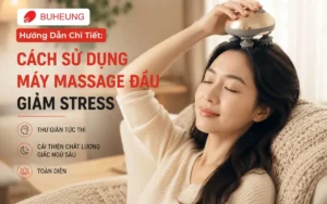 Hình ảnh một người đang thư giãn sâu sắc với máy massage đầu cầm tay trong không gian ấm cúng, tập trung vào sự thoải mái và cải thiện giấc ngủ.