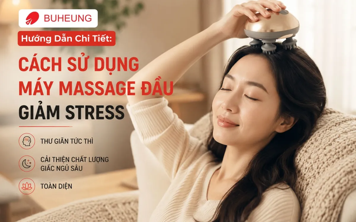 Hình ảnh một người đang thư giãn sâu sắc với máy massage đầu cầm tay trong không gian ấm cúng, tập trung vào sự thoải mái và cải thiện giấc ngủ.