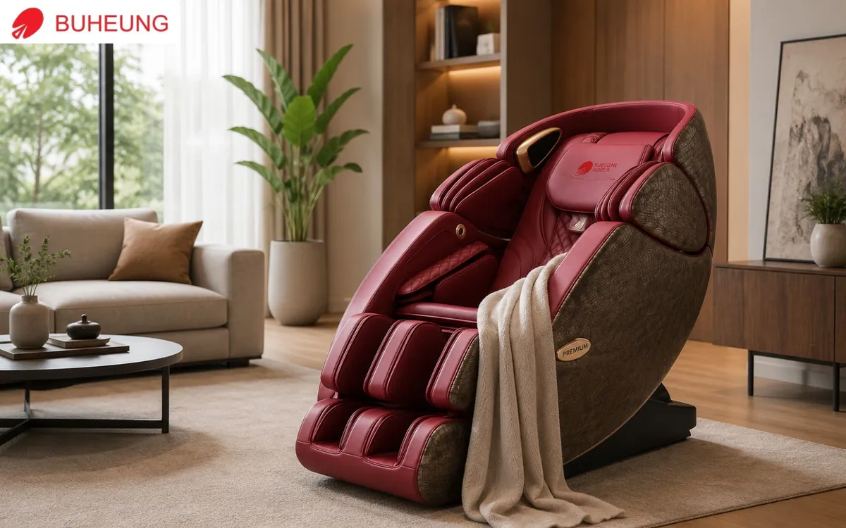 Ghế massage trị liệu hiện đại màu trắng xám đặt trong phòng khách sang trọng, ánh sáng tự nhiên dịu nhẹ, tạo không gian thư giãn và trị liệu hiệu quả tại nhà.