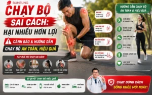 Hình ảnh người chạy bộ với tư thế không chuẩn, kèm dấu hỏi lớn thể hiện rủi ro và nguy hiểm khi chạy bộ sai cách.