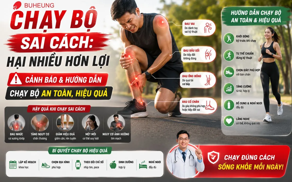 Hình ảnh người chạy bộ với tư thế không chuẩn, kèm dấu hỏi lớn thể hiện rủi ro và nguy hiểm khi chạy bộ sai cách.