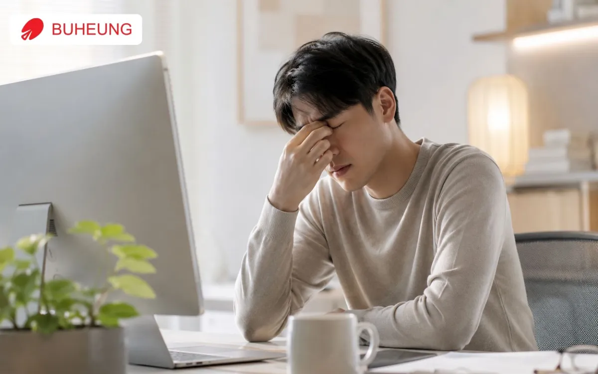 Hình ảnh một người đang làm việc trước máy tính với vẻ mặt mệt mỏi, dụi mắt, minh họa rõ nét hội chứng mỏi mắt do sử dụng thiết bị điện tử quá lâu.