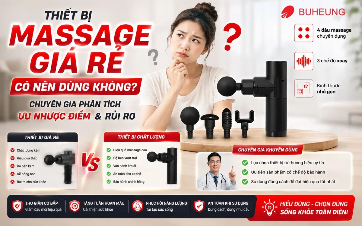 Thiết Bị Massage Giá Rẻ Có Nên Dùng Không? Chuyên Gia Phân Tích Ưu Nhược Điểm & Rủi Ro 1 Ảnh một người dùng đang tìm kiếm thông tin về thiết bị massage giá rẻ trên máy tính bảng, biểu cảm phân vân, với các thiết bị massage mờ ở phía sau, đặt trong bối cảnh văn phòng tại nhà hiện đại.