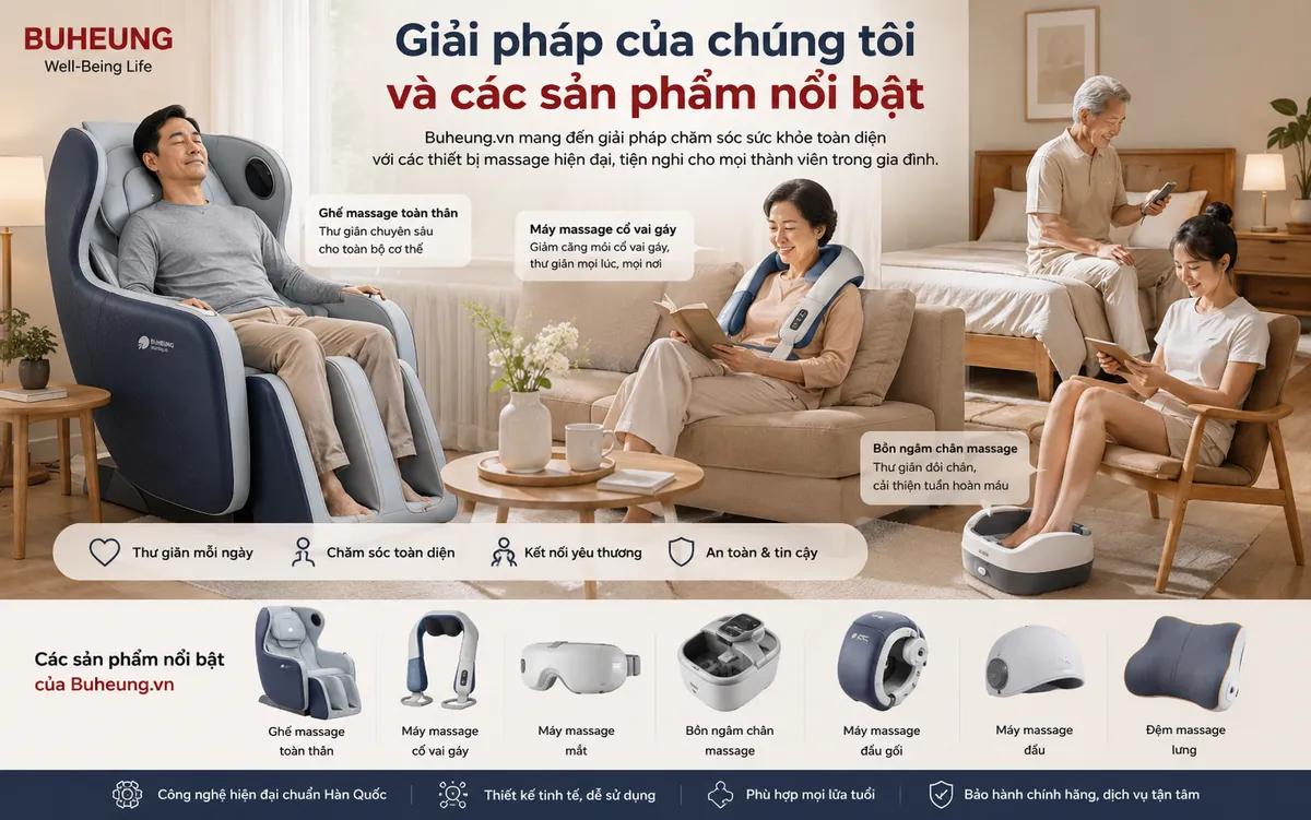 Tổng hợp các sản phẩm chăm sóc sức khỏe của Buheung.vn, từ ghế massage toàn thân đến các thiết bị massage cầm tay, giúp Hướng dẫn chọn ghế massage toàn thân phù hợp cho gia đình và hơn thế nữa.