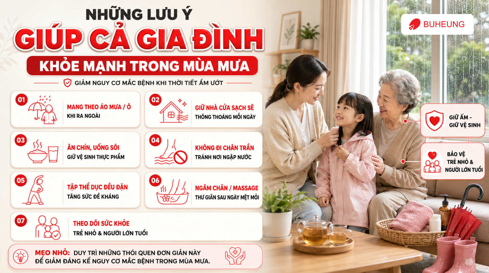 chăm sóc sức khỏe gia đình mùa mưa