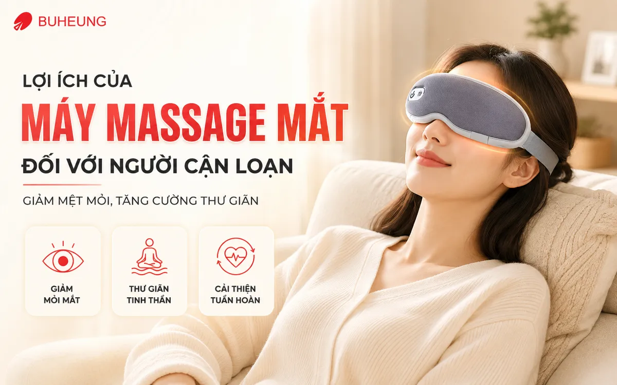 Một người đeo máy massage mắt với biểu cảm thư thái, minh họa lợi ích giảm mỏi mắt, cải thiện tuần hoàn và thư giãn tinh thần cho người cận thị và loạn thị.