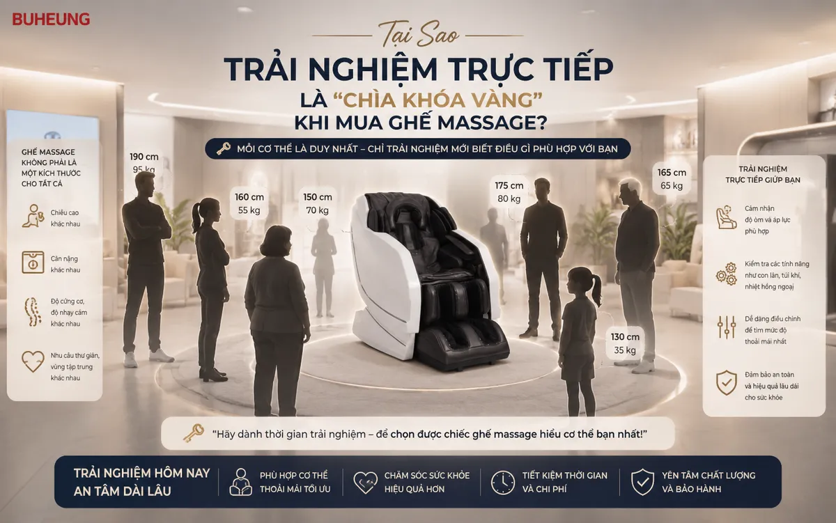 Minh họa sự đa dạng vóc dáng con người và tầm quan trọng của việc trải nghiệm trực tiếp ghế massage để chọn ghế phù hợp với cơ thể.