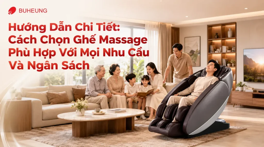 Gia đình Việt ba thế hệ đang thư giãn hạnh phúc bên ghế massage hiện đại trong phòng khách ấm cúng, minh họa cách chọn ghế massage phù hợp cho mọi nhu cầu gia đình.