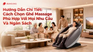 Gia đình Việt ba thế hệ đang thư giãn hạnh phúc bên ghế massage hiện đại trong phòng khách ấm cúng, minh họa cách chọn ghế massage phù hợp cho mọi nhu cầu gia đình.