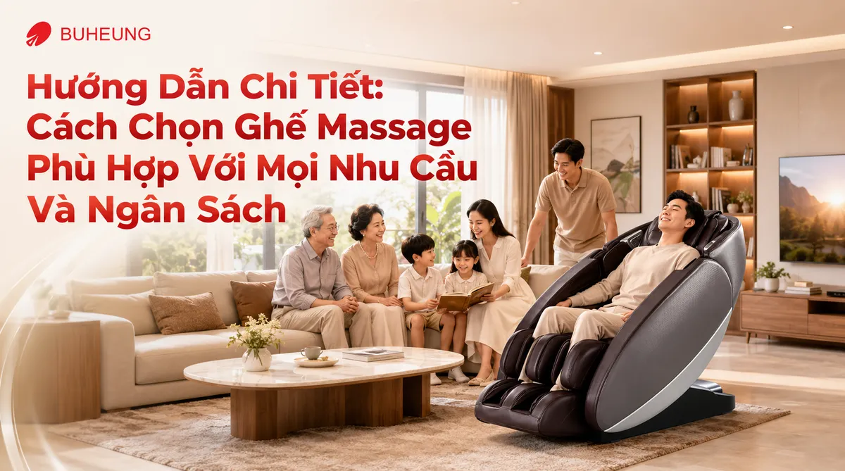 Gia đình Việt ba thế hệ đang thư giãn hạnh phúc bên ghế massage hiện đại trong phòng khách ấm cúng, minh họa cách chọn ghế massage phù hợp cho mọi nhu cầu gia đình.