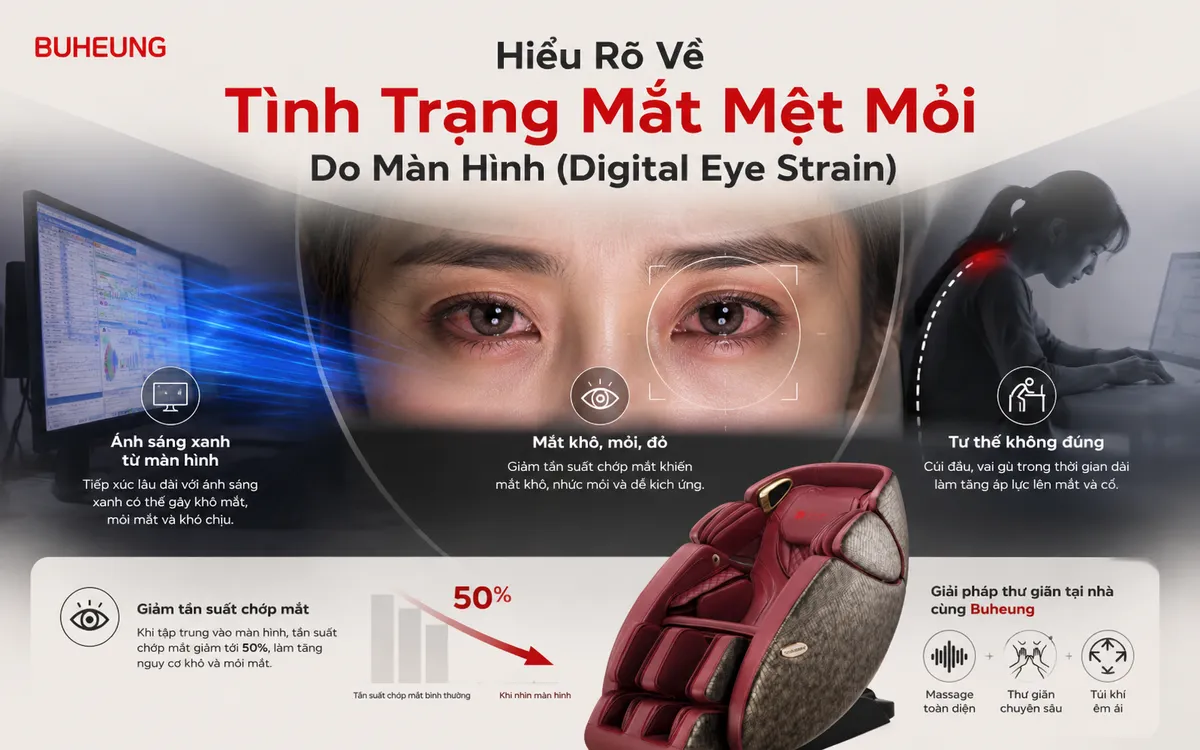 Hình ảnh minh họa các nguyên nhân gây mỏi mắt kỹ thuật số: ánh sáng xanh từ màn hình, tư thế ngồi làm việc sai và giảm tần suất chớp mắt khi sử dụng thiết bị điện tử.