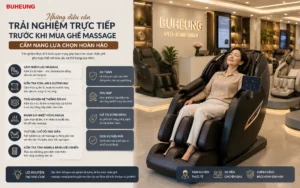 Người dùng trải nghiệm trực tiếp ghế massage Buheung cao cấp tại cửa hàng, thể hiện sự thư giãn và hài lòng trước khi quyết định mua.