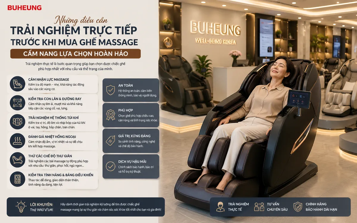 Người dùng trải nghiệm trực tiếp ghế massage Buheung cao cấp tại cửa hàng, thể hiện sự thư giãn và hài lòng trước khi quyết định mua.