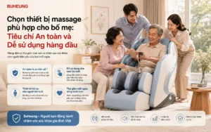 Gia đình hạnh phúc quây quần, con cái chăm sóc bố mẹ lớn tuổi thư giãn với ghế massage an toàn và dễ sử dụng.