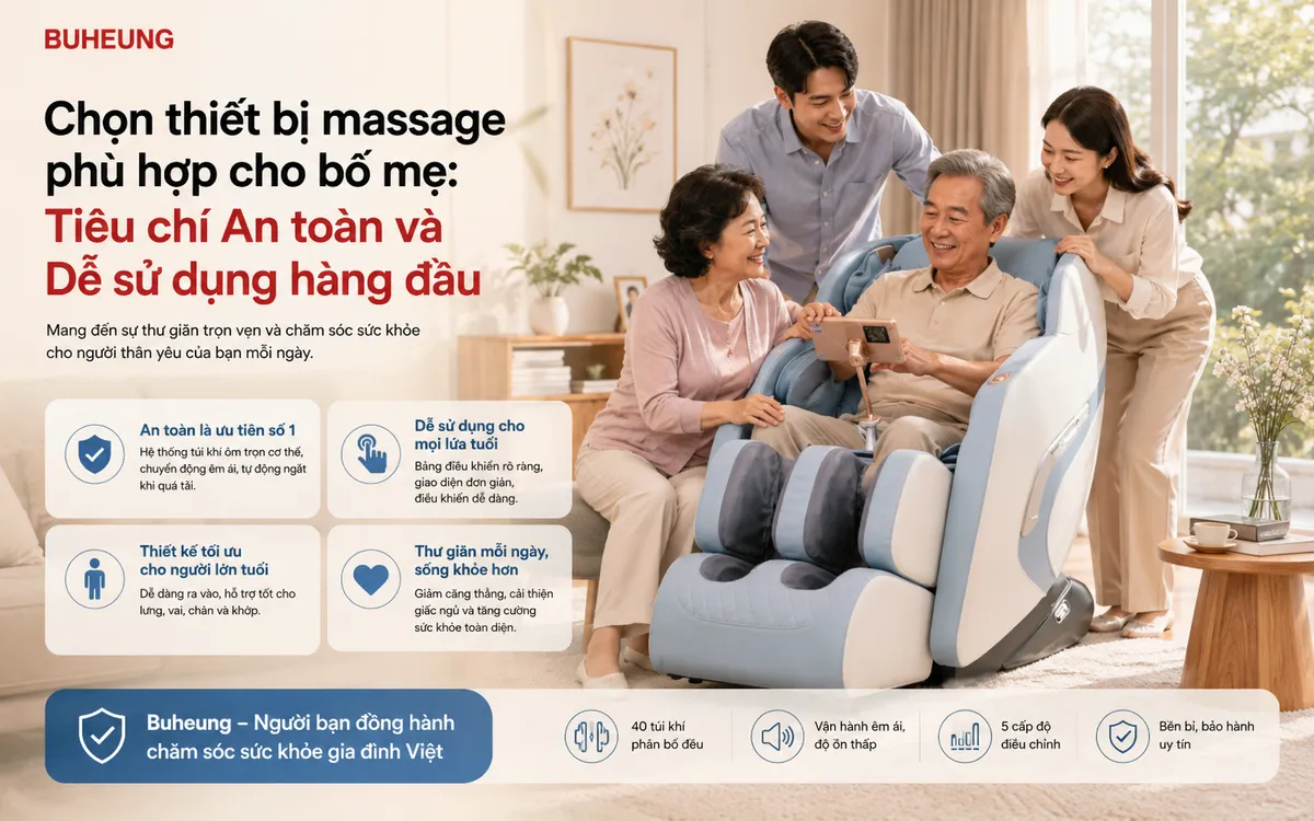 Gia đình hạnh phúc quây quần, con cái chăm sóc bố mẹ lớn tuổi thư giãn với ghế massage an toàn và dễ sử dụng.