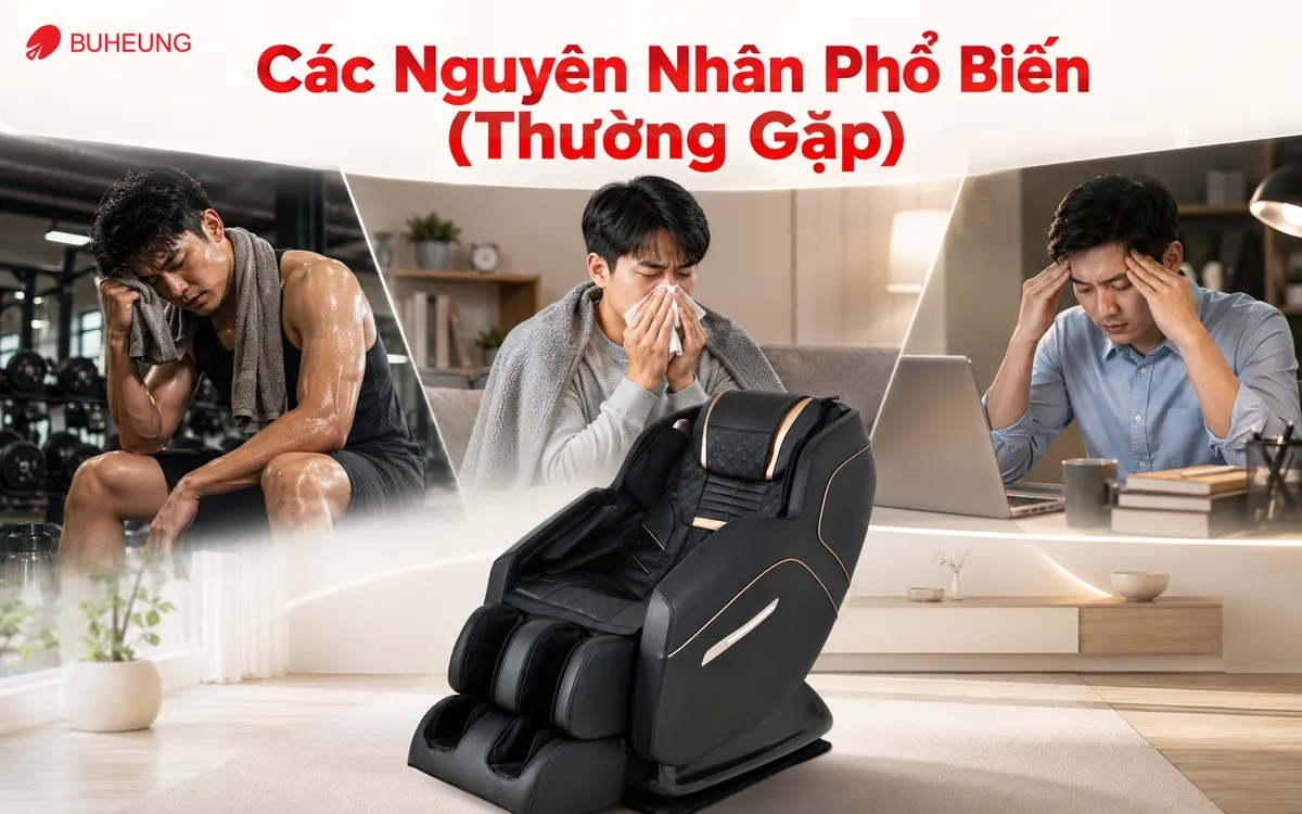 Đau Mỏi Toàn Thân: Nguyên Nhân, Cách Giảm Đau Tại Nhà Và Khi Nào Cần Gặp Bác Sĩ? 3 Minh họa các nguyên nhân gây đau mỏi toàn thân: tập luyện quá sức, cảm cúm, stress. Hình ảnh giải pháp giảm đau và phục hồi sức khỏe.