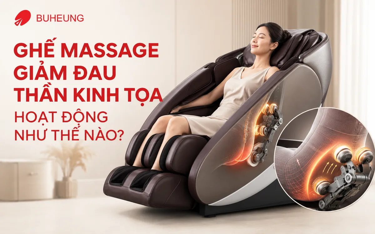 Cận cảnh con lăn ghế massage Buheung hoạt động trên lưng dưới và mông, mô phỏng cơ chế giảm đau thần kinh tọa.