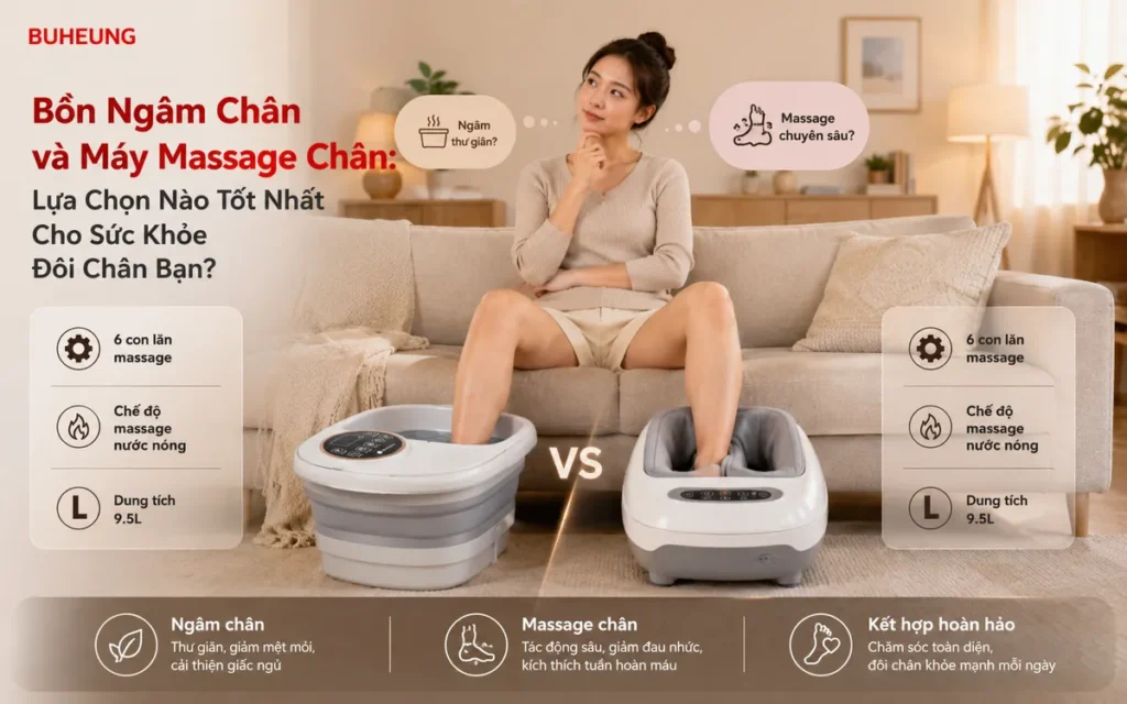 Bồn Ngâm Chân và Máy Massage Chân: Lựa Chọn Nào Tốt Nhất Cho Sức Khỏe Đôi Chân Bạn? 1 Hình ảnh thư giãn đôi chân với bồn ngâm chân và máy massage, minh họa sự phân vân khi chọn thiết bị chăm sóc sức khỏe chân.
