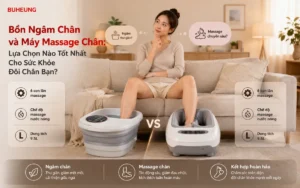 Hình ảnh thư giãn đôi chân với bồn ngâm chân và máy massage, minh họa sự phân vân khi chọn thiết bị chăm sóc sức khỏe chân.