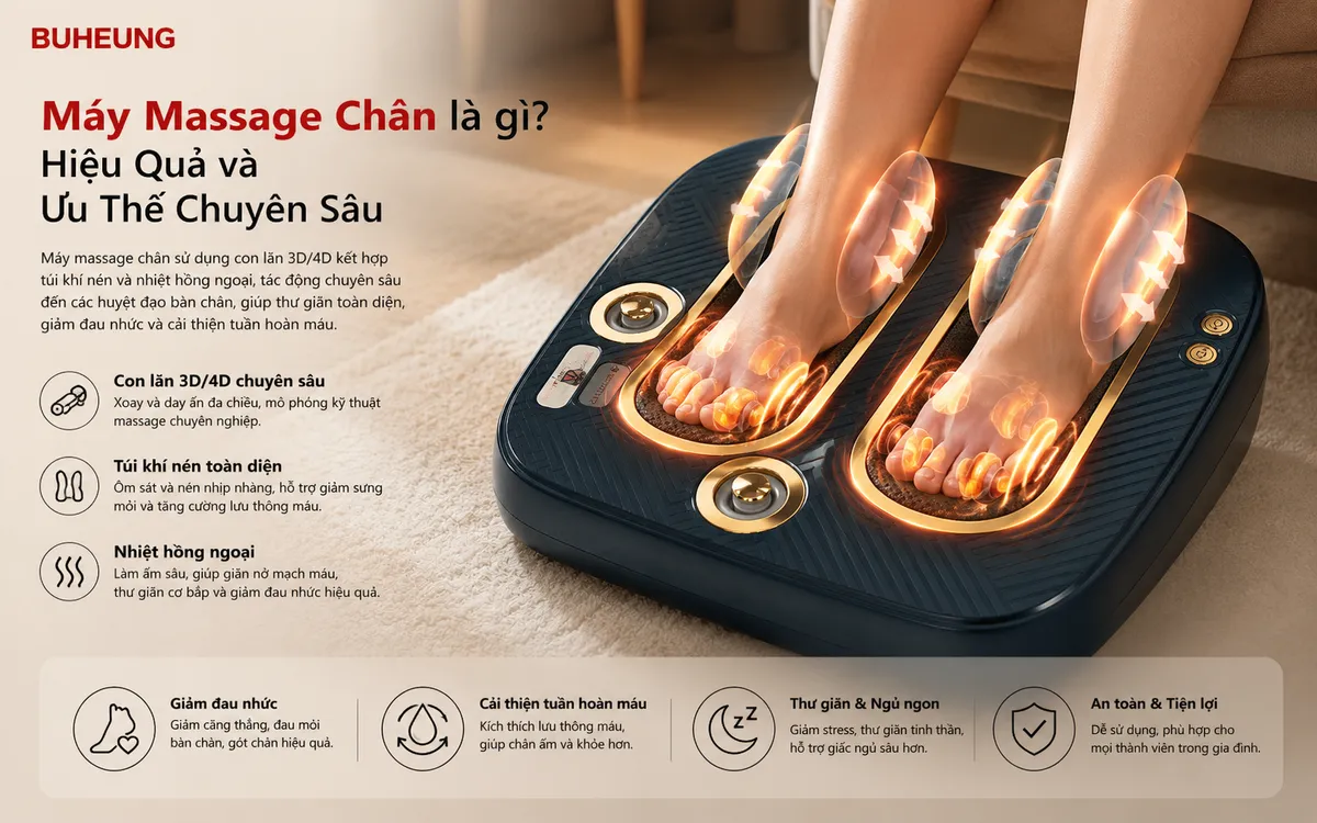 Bồn Ngâm Chân và Máy Massage Chân: Lựa Chọn Nào Tốt Nhất Cho Sức Khỏe Đôi Chân Bạn? 3 Cận cảnh máy massage chân Buheung MK-200 với con lăn và túi khí, mô phỏng kỹ thuật massage chuyên sâu giúp giảm đau nhức cơ bắp.