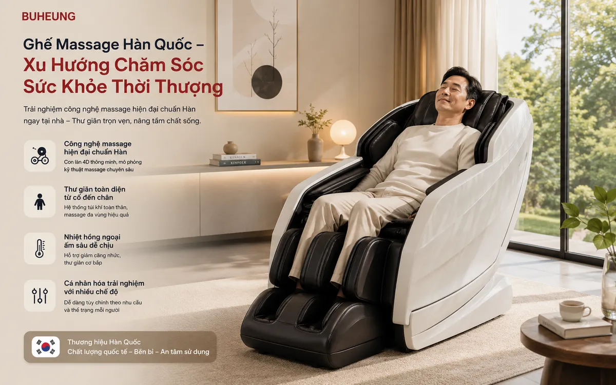Ghế massage Hàn Quốc Buheung Transformer LUX 9800 hiện đại, sang trọng trong phòng khách phong cách tối giản, mang đến trải nghiệm thư giãn đẳng cấp và chăm sóc sức khỏe thời thượng.