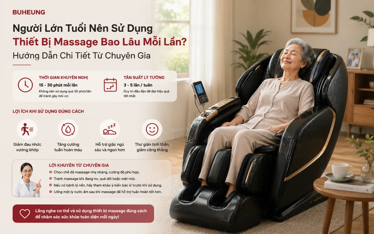 Người lớn tuổi thư giãn trên ghế massage hiện đại, tận hưởng sự thoải mái, cải thiện sức khỏe tuổi xế chiều.