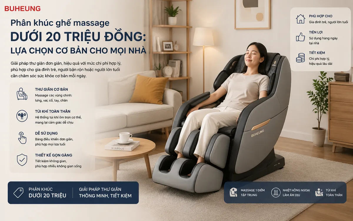 Nên Mua Ghế Massage Trong Khoảng Giá Nào Cho Gia Đình? Hướng Dẫn Chọn Mua Tối Ưu 2 Mẫu ghế massage đơn giản dưới 20 triệu đồng, phù hợp cho gia đình có ngân sách hạn chế.