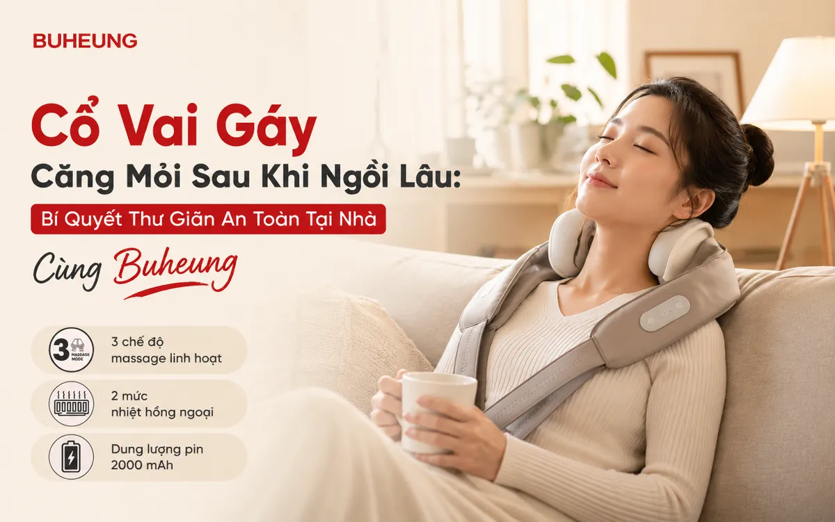 Hình ảnh người phụ nữ trẻ thư giãn thoải mái tại nhà, nở nụ cười hài lòng sau khi giảm đau cổ vai gáy, minh họa lợi ích thư giãn an toàn tại nhà với sản phẩm Buheung.