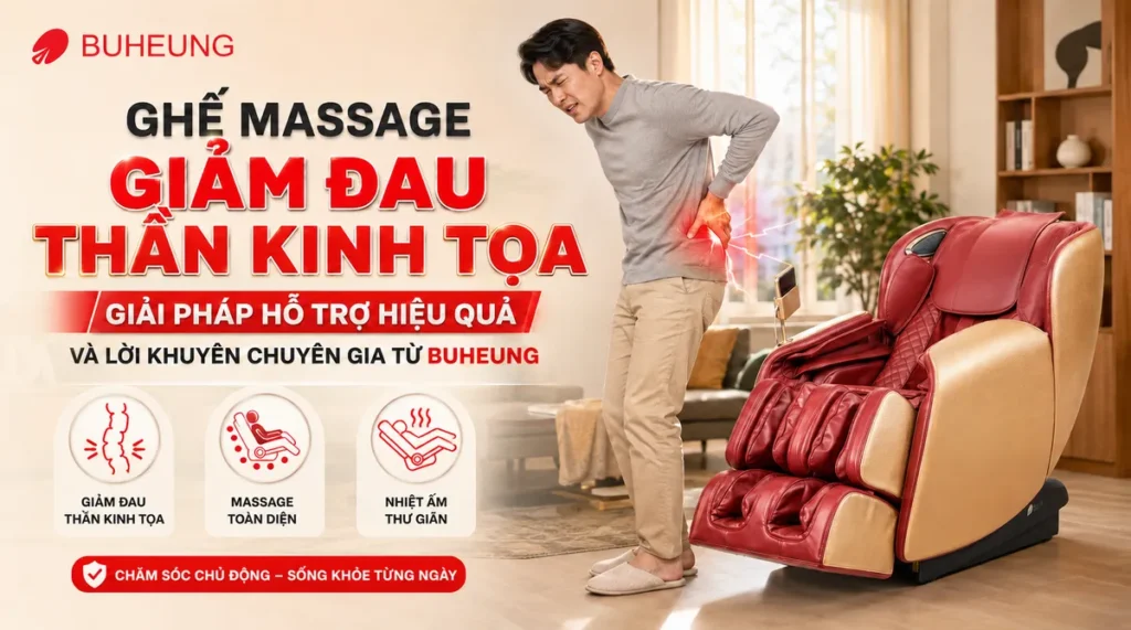 Hình ảnh người đang đau lưng, đau thần kinh tọa đứng cạnh ghế massage Buheung hiện đại, minh họa giải pháp giảm đau hiệu quả.