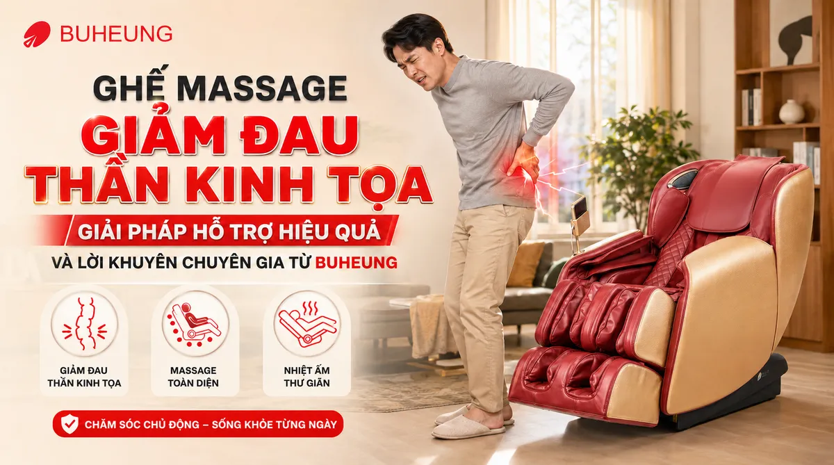 Hình ảnh người đang đau lưng, đau thần kinh tọa đứng cạnh ghế massage Buheung hiện đại, minh họa giải pháp giảm đau hiệu quả.