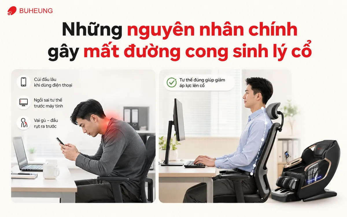 Giảm Đường Cong Sinh Lý Cổ: Nguyên Nhân, Triệu Chứng Và Giải Pháp Phục Hồi Hiệu Quả 3 Minh họa tư thế cúi đầu sai khi sử dụng điện thoại và tư thế ngồi làm việc đúng, giúp phòng tránh mất đường cong sinh lý cổ.