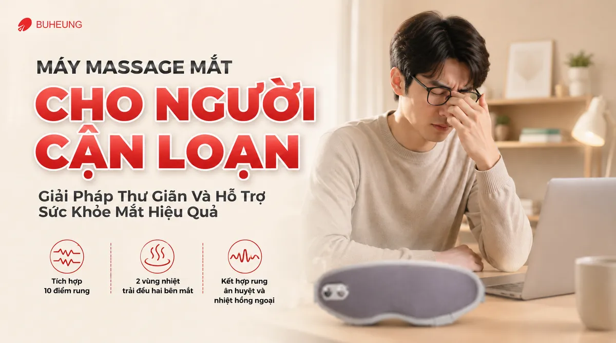 Hình ảnh một người cận thị hoặc loạn thị dụi mắt mệt mỏi do căng thẳng khi làm việc máy tính, bên cạnh là máy massage mắt như giải pháp thư giãn và hỗ trợ sức khỏe mắt hiệu quả.