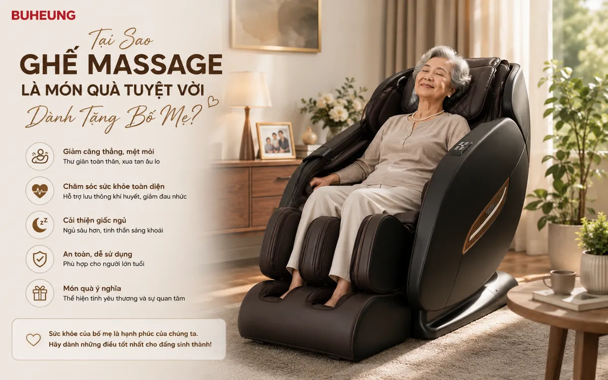Người lớn tuổi thư giãn trên ghế massage, nụ cười mãn nguyện, tận hưởng lợi ích sức khỏe và tinh thần, cải thiện chất lượng cuộc sống.