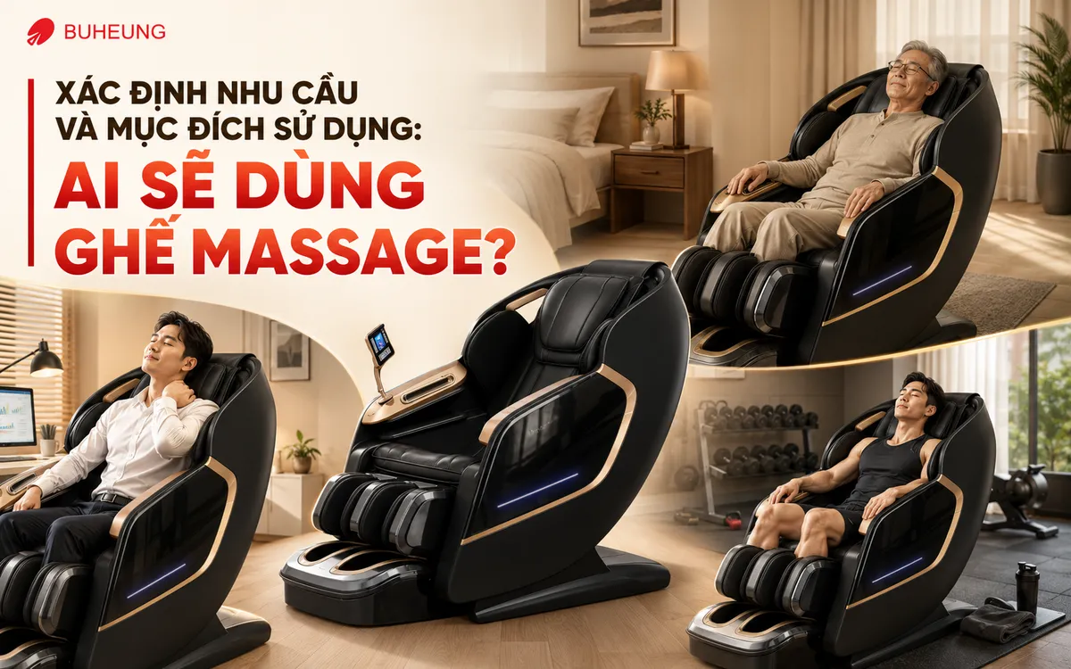 Hình ảnh đa dạng các đối tượng sử dụng ghế massage: người lớn tuổi, nhân viên văn phòng, vận động viên đang thư giãn, minh họa cách chọn ghế massage phù hợp với từng nhu cầu cụ thể.