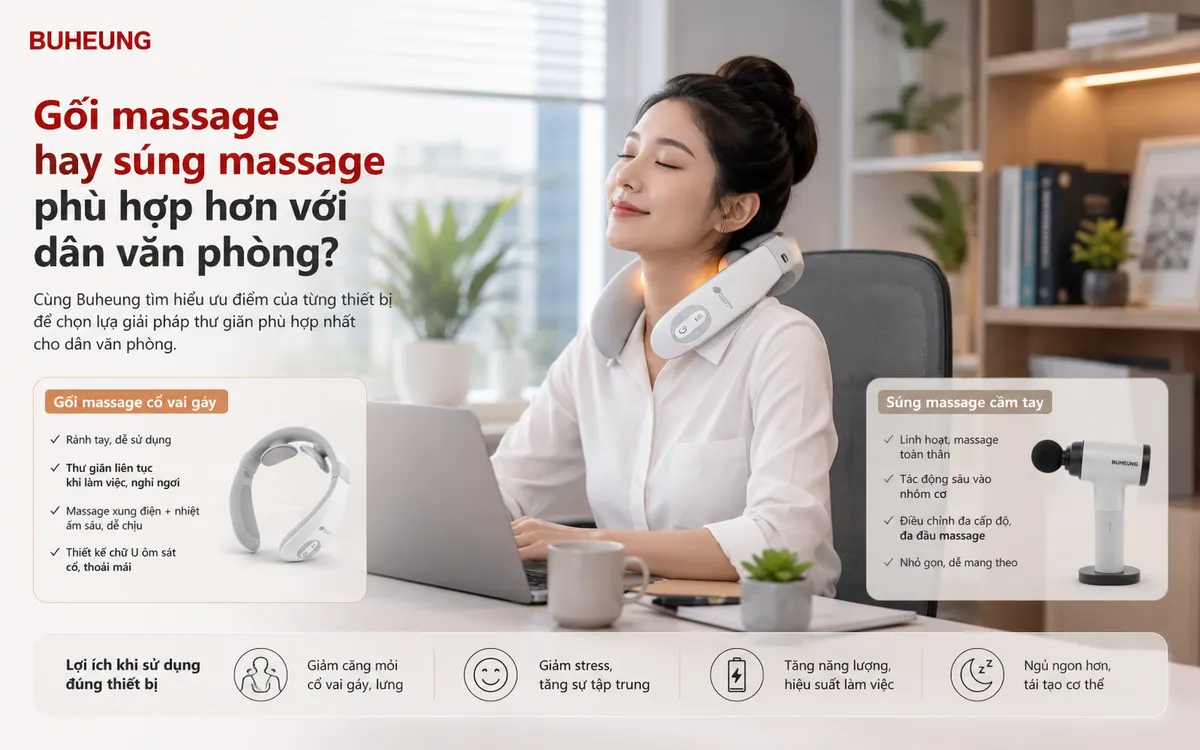 Hình ảnh so sánh gối massage và súng massage, minh họa sự phù hợp cho dân văn phòng giúp giảm đau mỏi vai gáy.