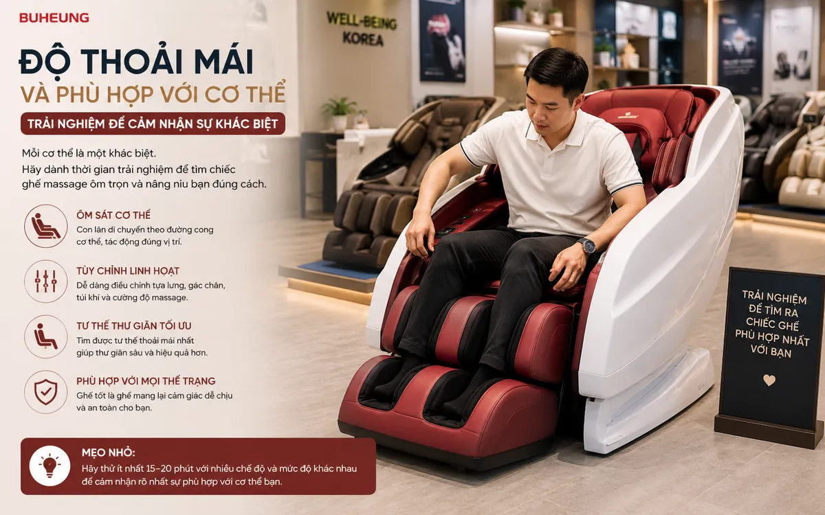 Khách hàng đang ngồi thử ghế massage Buheung, điều chỉnh tư thế để kiểm tra độ thoải mái và sự phù hợp với vóc dáng tại cửa hàng.